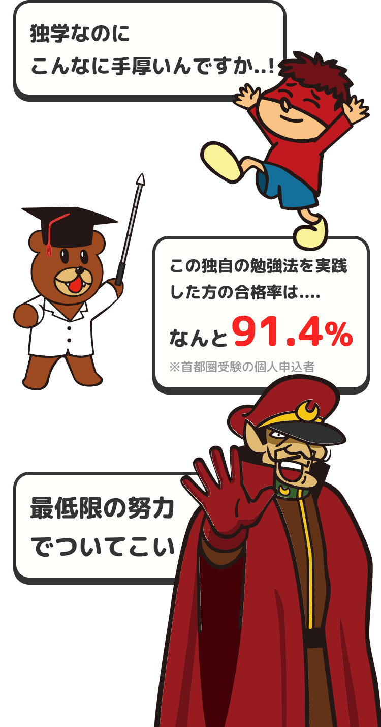 この独自の勉強法を実践した方の合格率は....なんと91.4%※首都圏受験の個人申込者